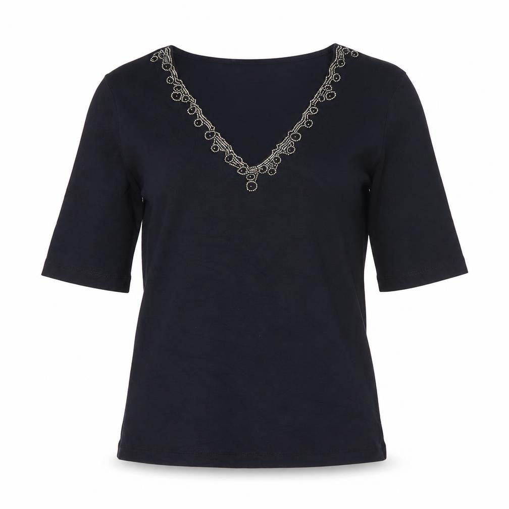 Viyella Women's Navy Beaded V-Neck Cotton Top Size S