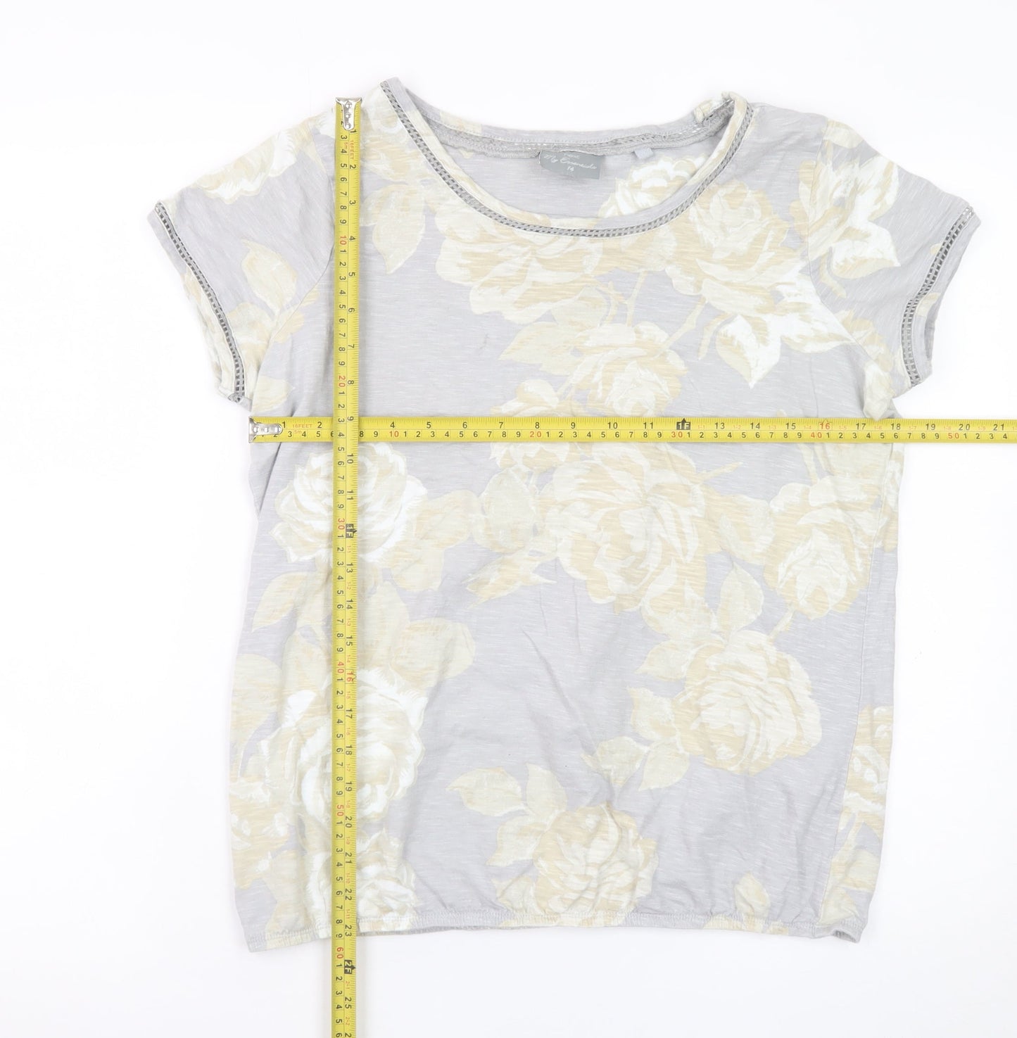 Next Women Grey Floral Short Sleeve Cotton T-Shirt Size 14