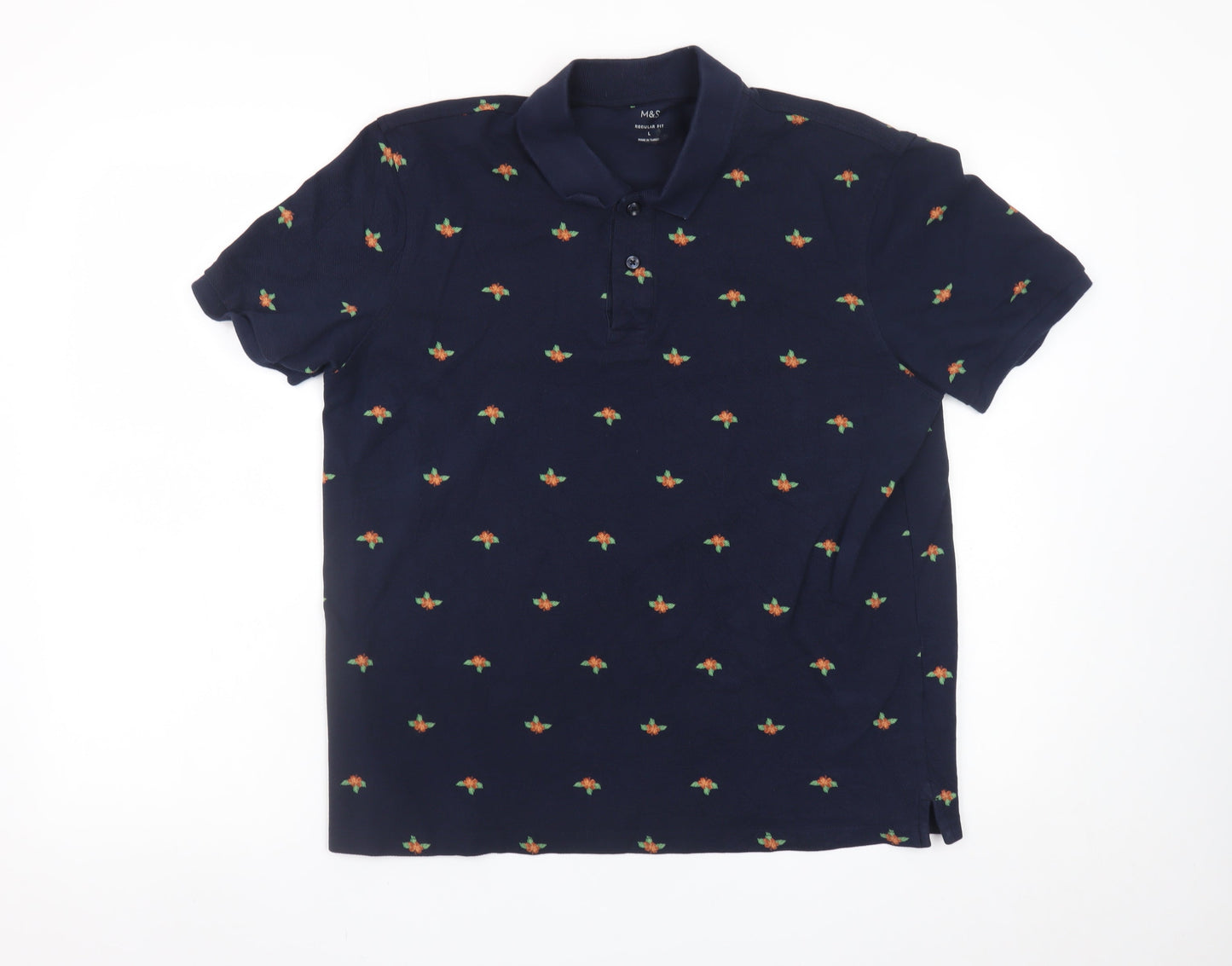 Marks and Spencer Men's Blue Floral Embroidered Polo Shirt Size L