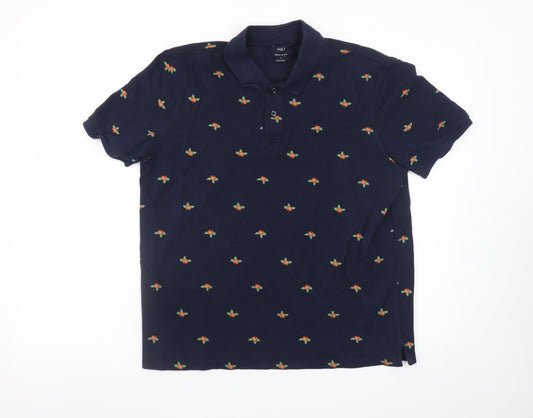 Marks and Spencer Men's Blue Floral Embroidered Polo Shirt Size L