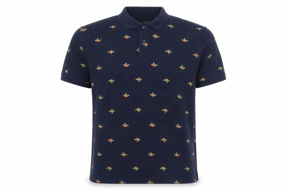 Marks & Spencer Men's Blue Floral Embroidered Polo Shirt Size L