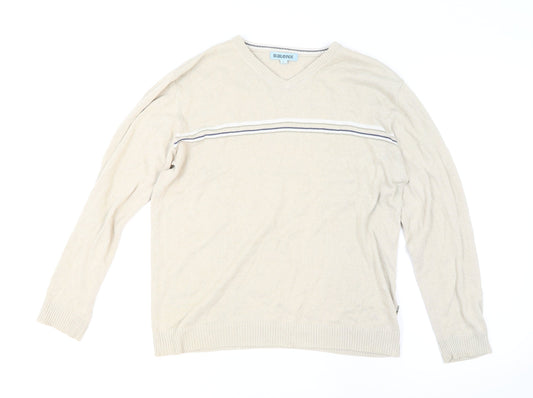 Baleno Men's Beige Cotton V-Neck Striped Jumper L Classic Knit