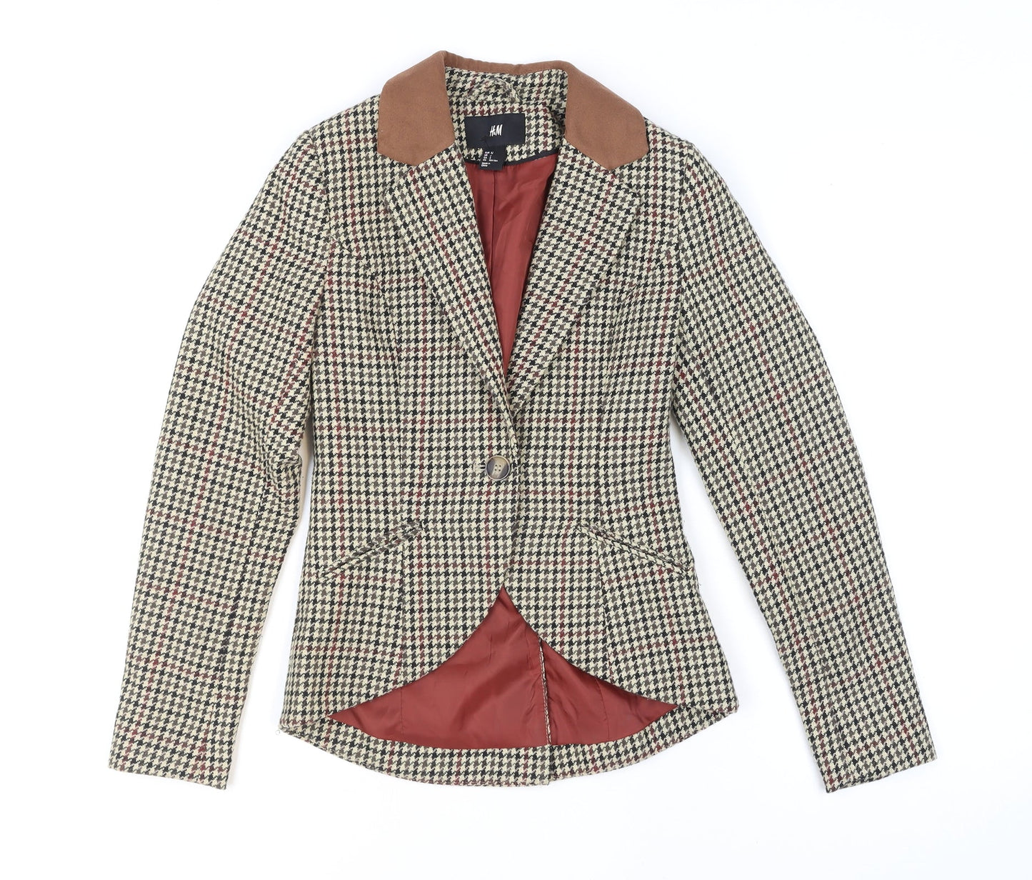 H&M Women Beige Houndstooth Wool Blend Blazer Jacket Size 4
