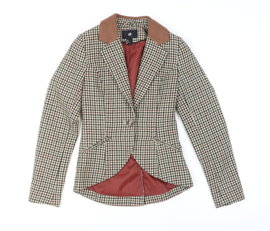 H&M Women Beige Houndstooth Wool Blend Blazer Jacket Size 4