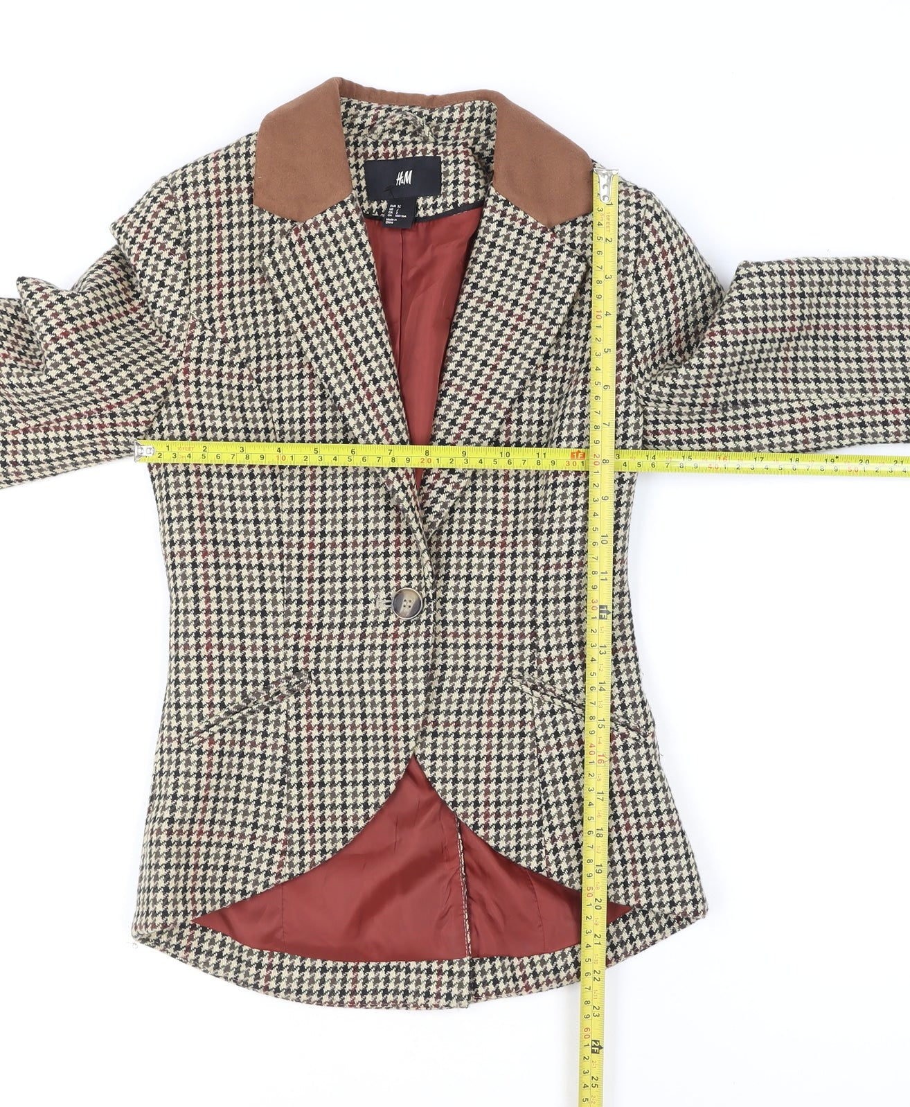 H&M Women Beige Houndstooth Wool Blend Blazer Jacket Size 4
