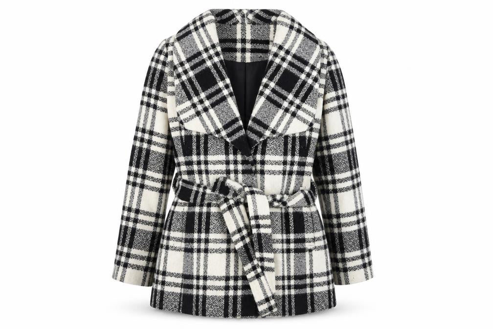 Marks & Spencer Per Una Women's Black Check Belted Coat Size 16