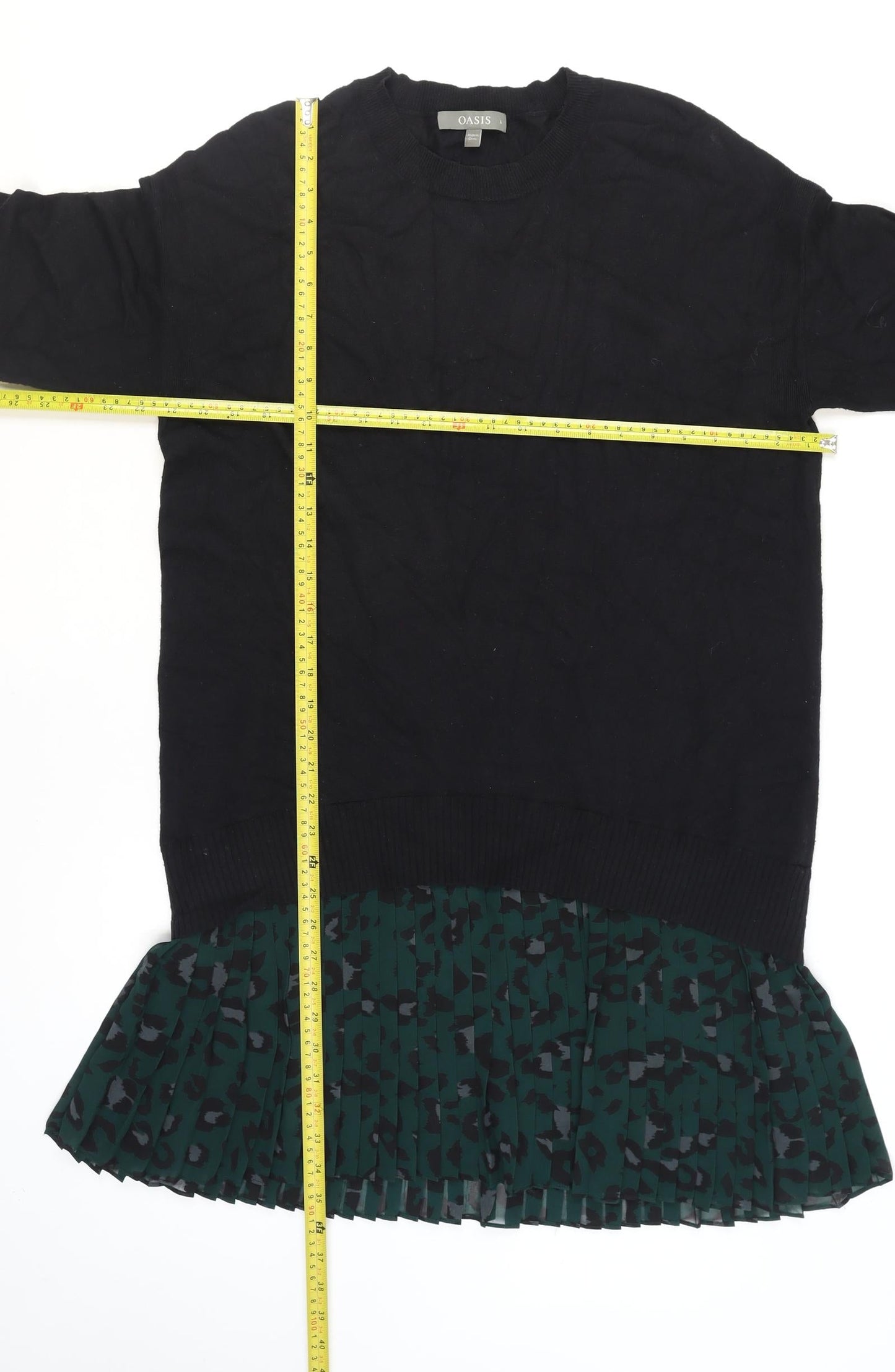 Oasis Women Black Long Sleeve Tunic Jumper L Pleated Hem