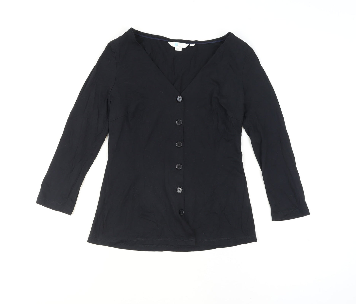 Boden Womens Black Button-Up V-Neck 3/4 Sleeve Cotton Top Size 8