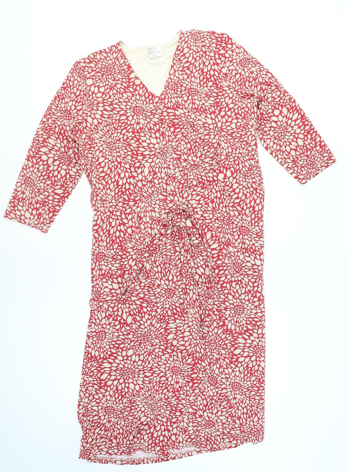 Eastex Women’s Red Floral Midi Wrap Dress Size 14 V-Neck 3/4 Sleeve