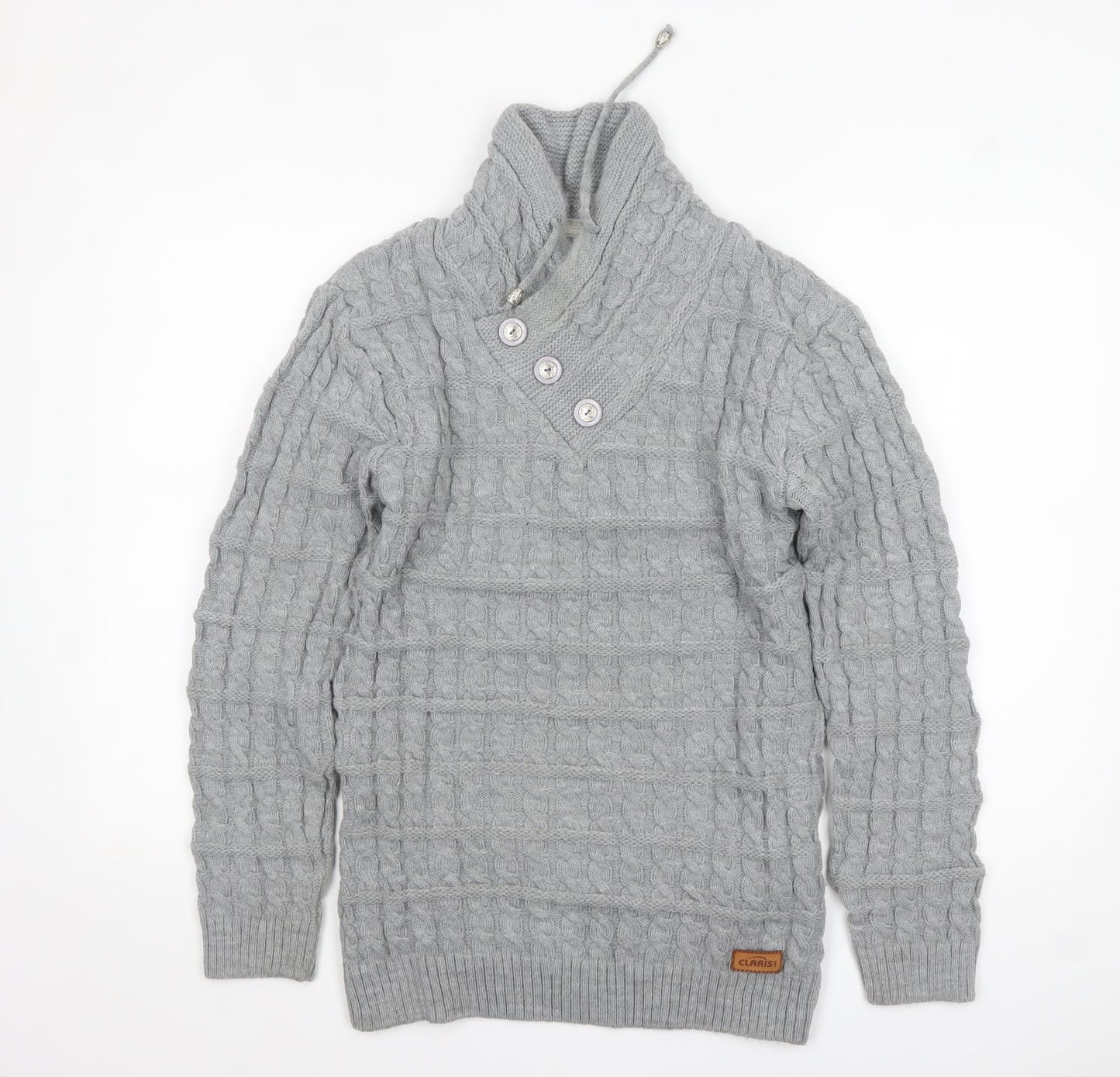 Claris Life Women Grey XL Cable-Knit Button High Neck Jumper
