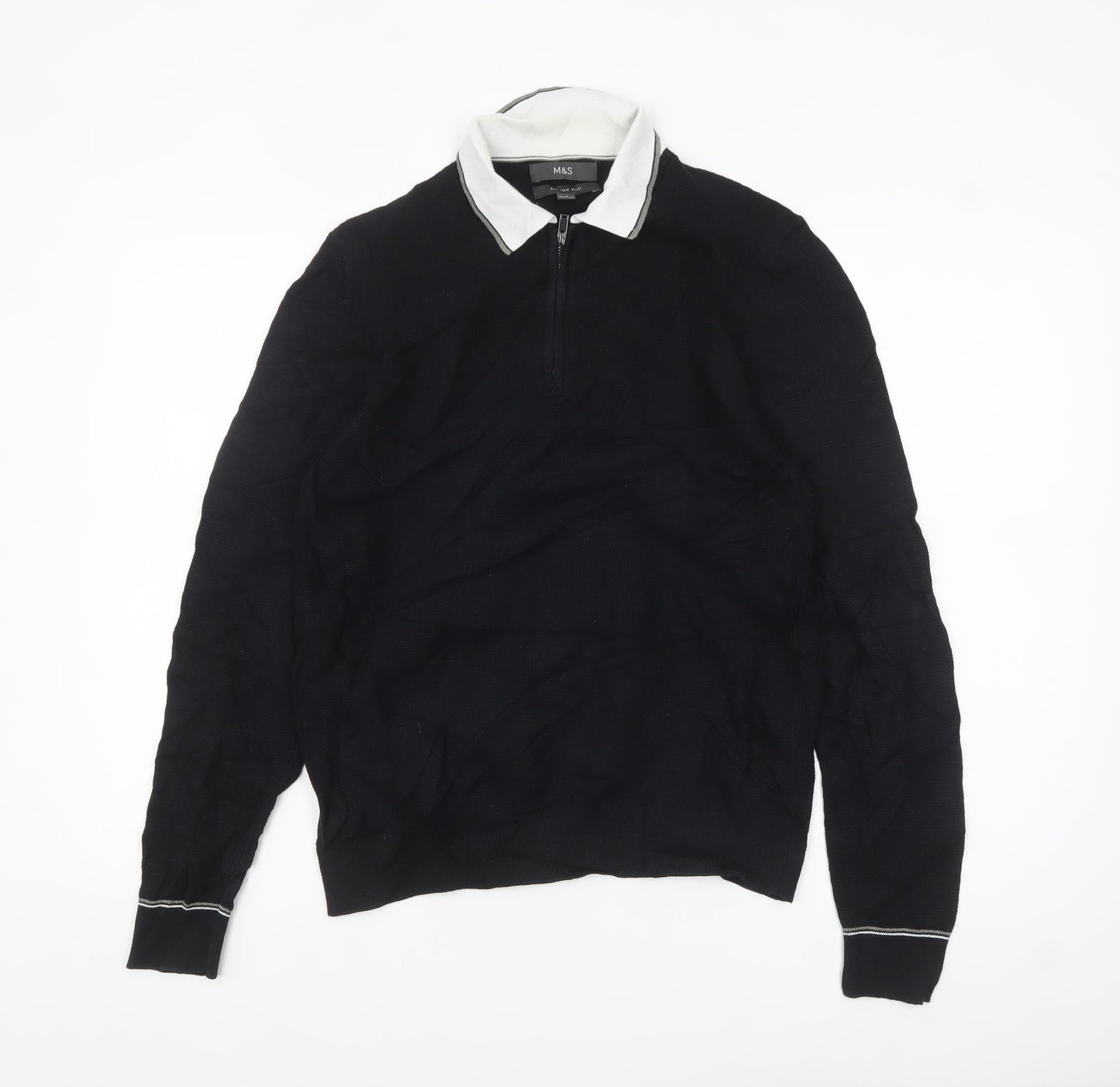 Marks and Spencer Men's Black Long Sleeve Cotton Polo Size S