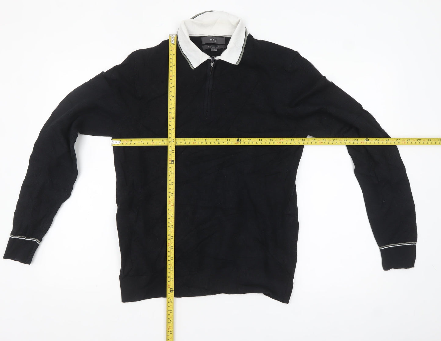 Marks and Spencer Men's Black Long Sleeve Cotton Polo Size S