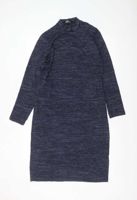 Miladys Women Blue Knit Shift Dress Size 12 Long Sleeve Mock Neck