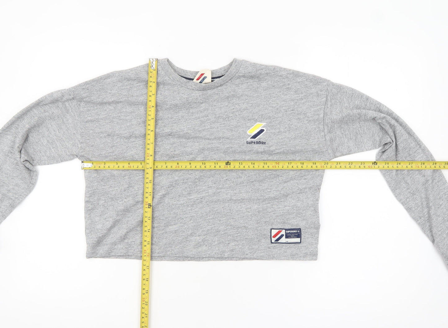 Superdry Women's Grey Cropped Long Sleeve T-Shirt Size 8