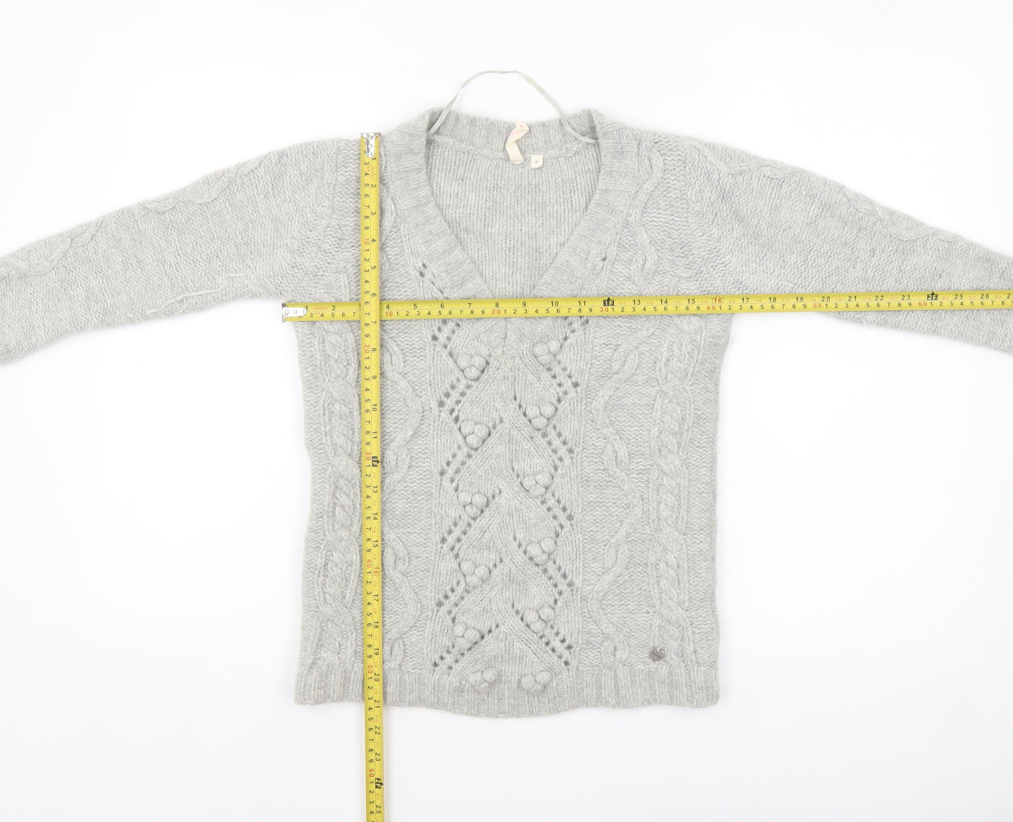 H&M Women Grey Chunky Knit V-Neck Wool Blend Jumper Size 8