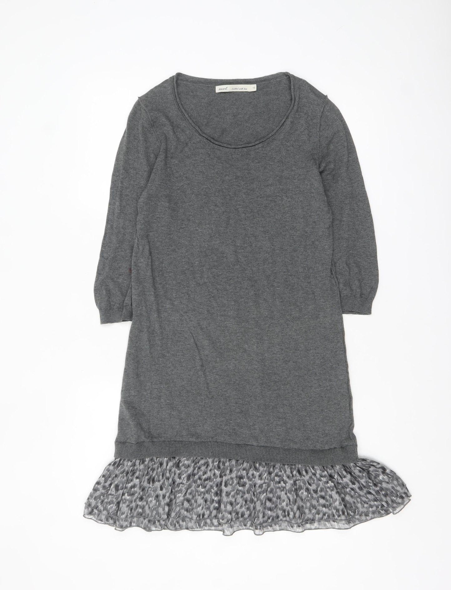 Next Women Grey Jumper Dress Size 10 3/4 Sleeve Ruffle Hem Knit