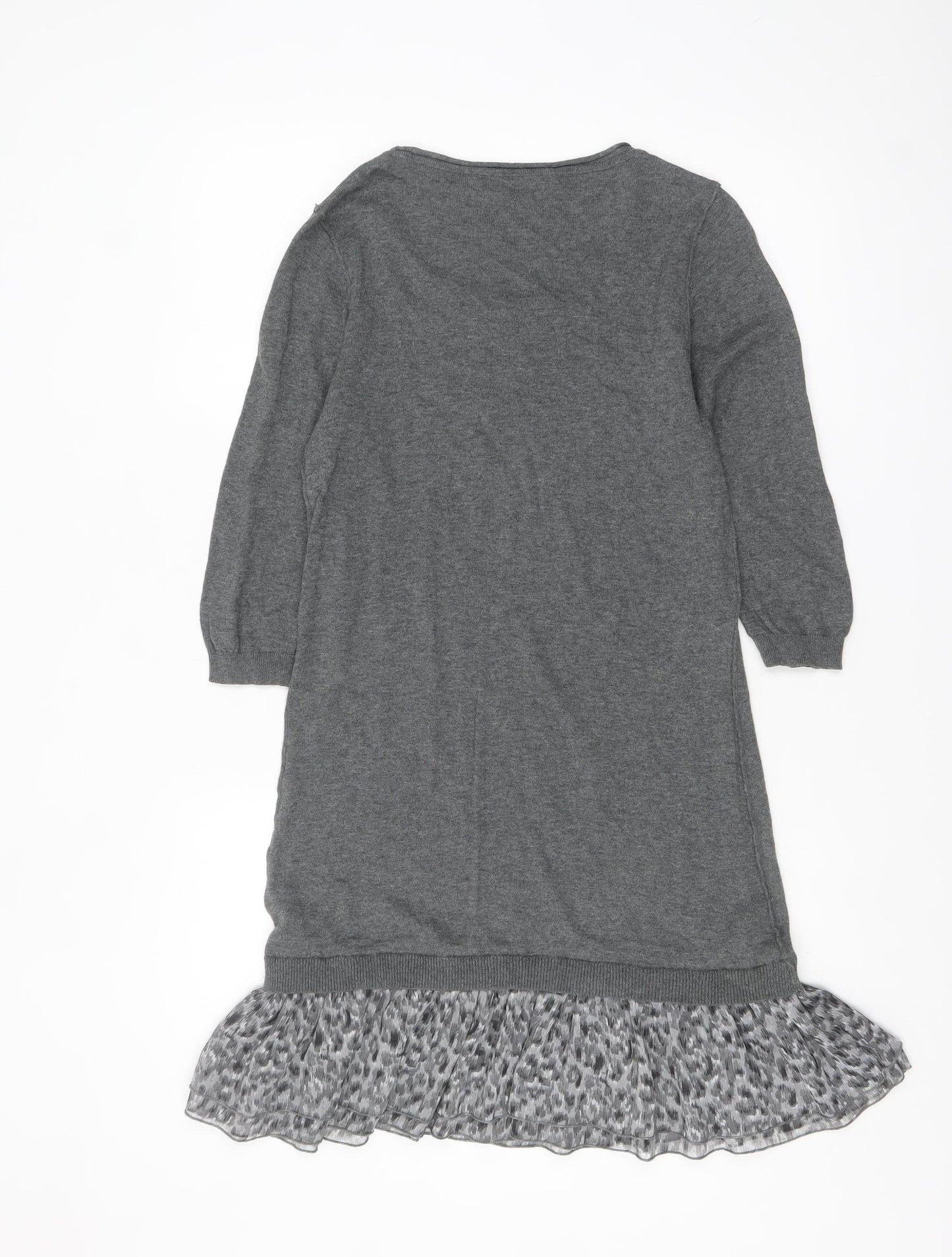 Next Women Grey Jumper Dress Size 10 3/4 Sleeve Ruffle Hem Knit