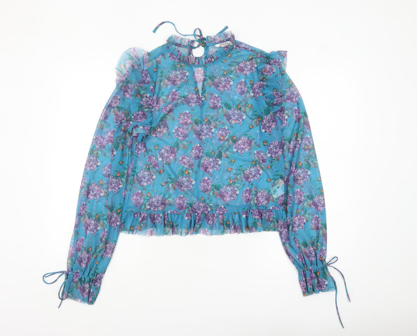 Monki Women’s Blue Floral Mesh Ruffle Long Sleeve Blouse Size S