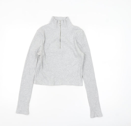 Topshop Women's Grey Cropped Ribbed Half Zip High Neck Top Size 8