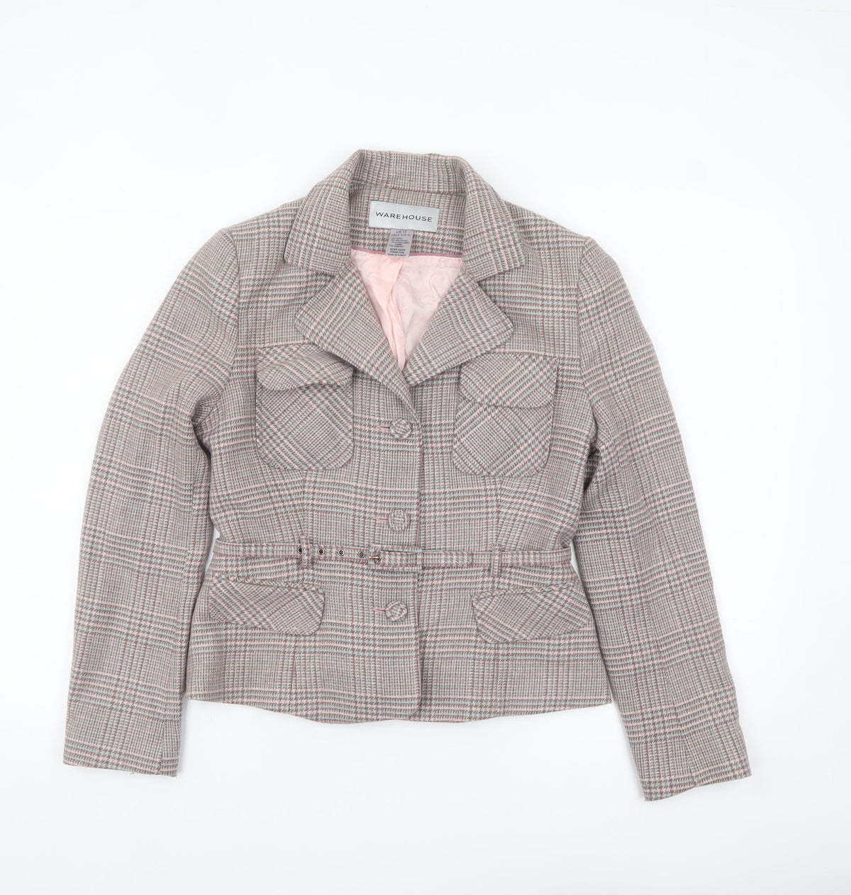 Warehouse Women's Grey Checked Wool Blend Suit Jacket UK 12 Belted
