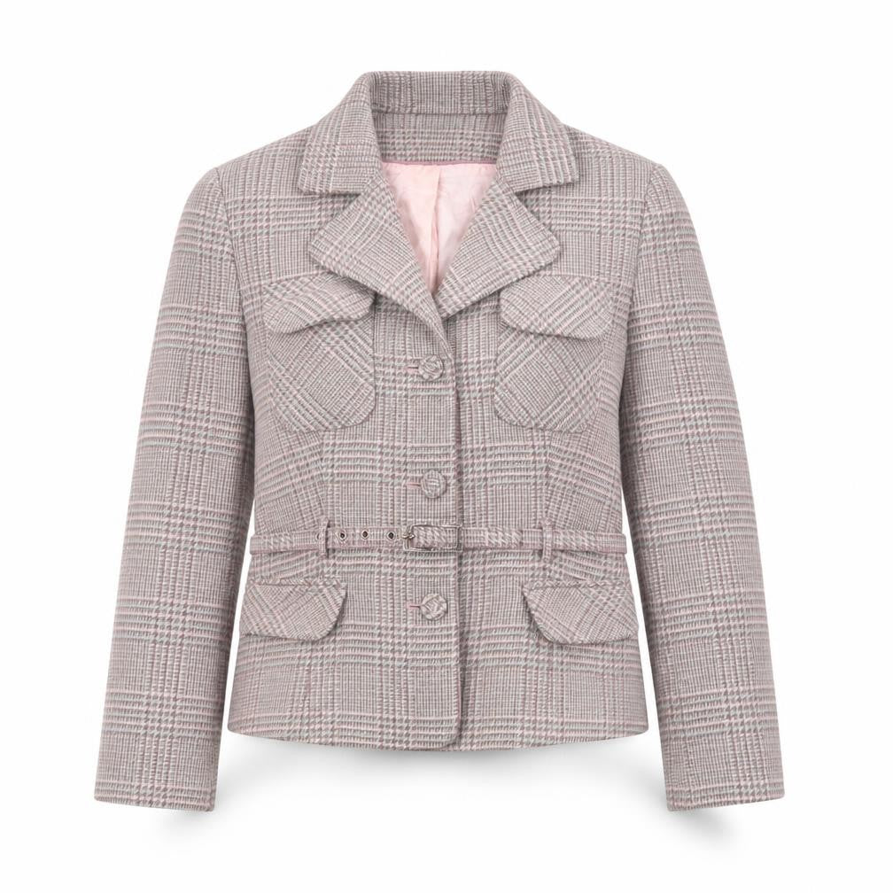 Warehouse Women's Grey Checked Wool Blend Suit Jacket UK 12 Belted