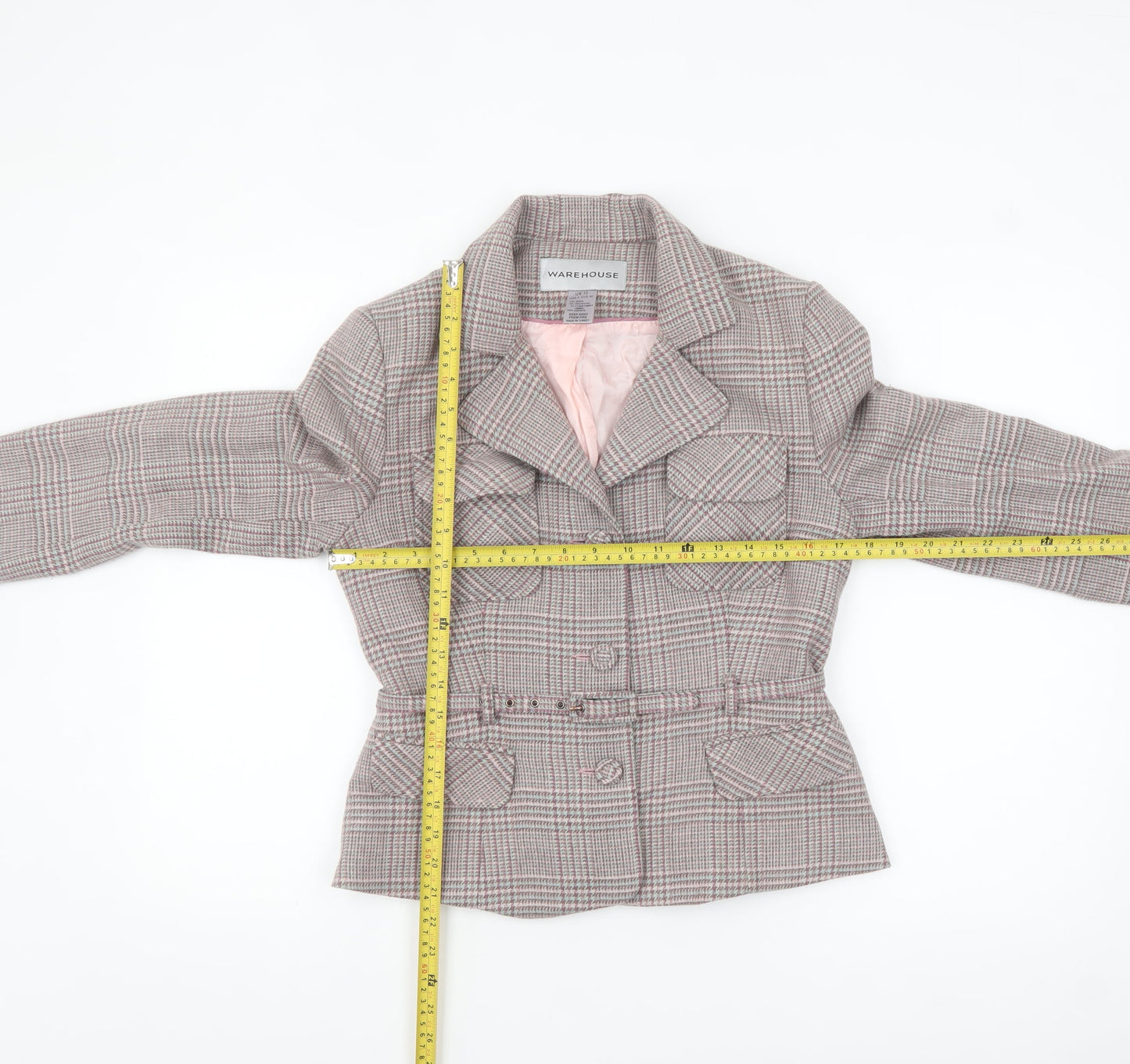 Warehouse Women's Grey Checked Wool Blend Suit Jacket UK 12 Belted