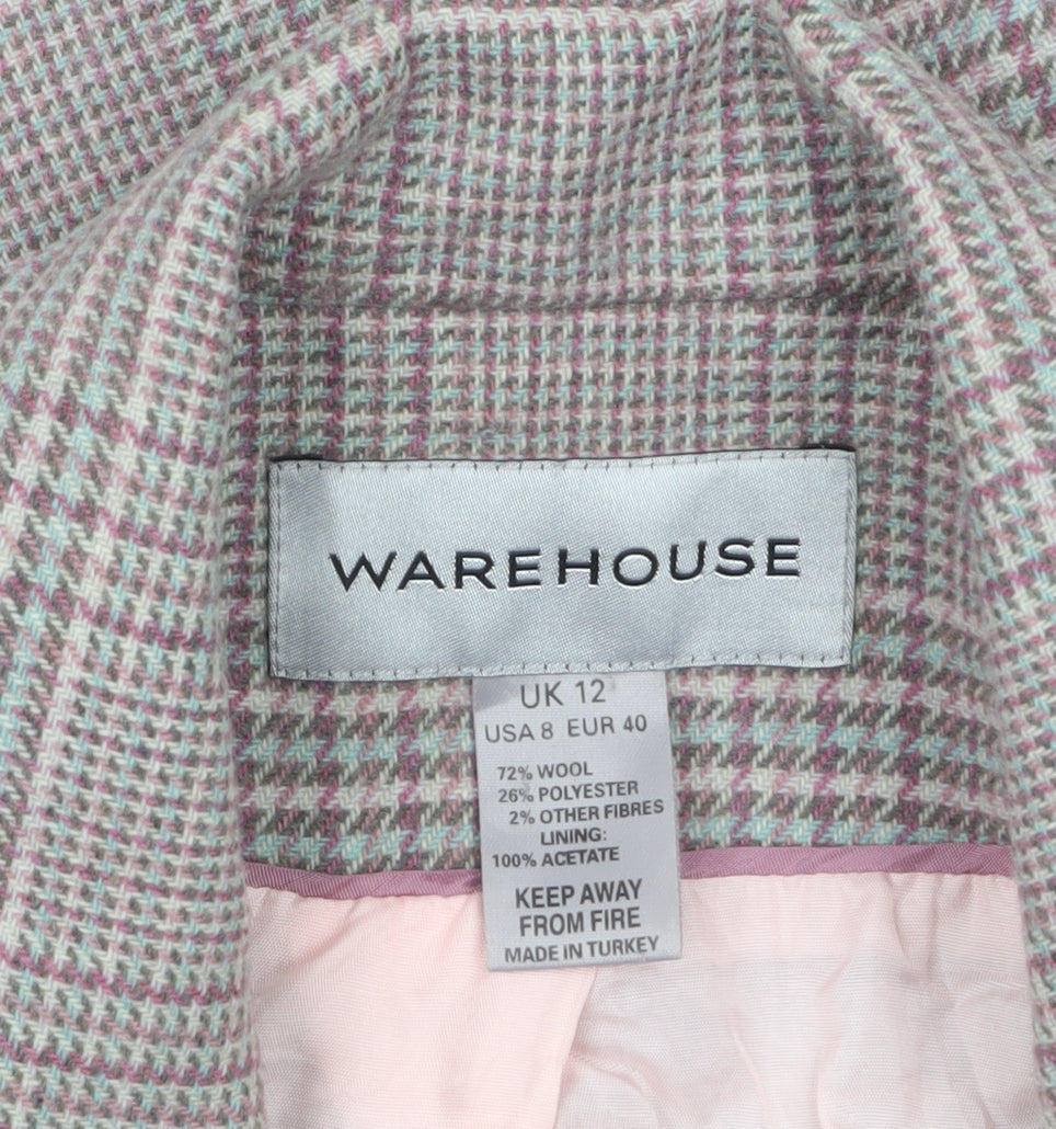 Warehouse Women's Grey Checked Wool Blend Suit Jacket UK 12 Belted
