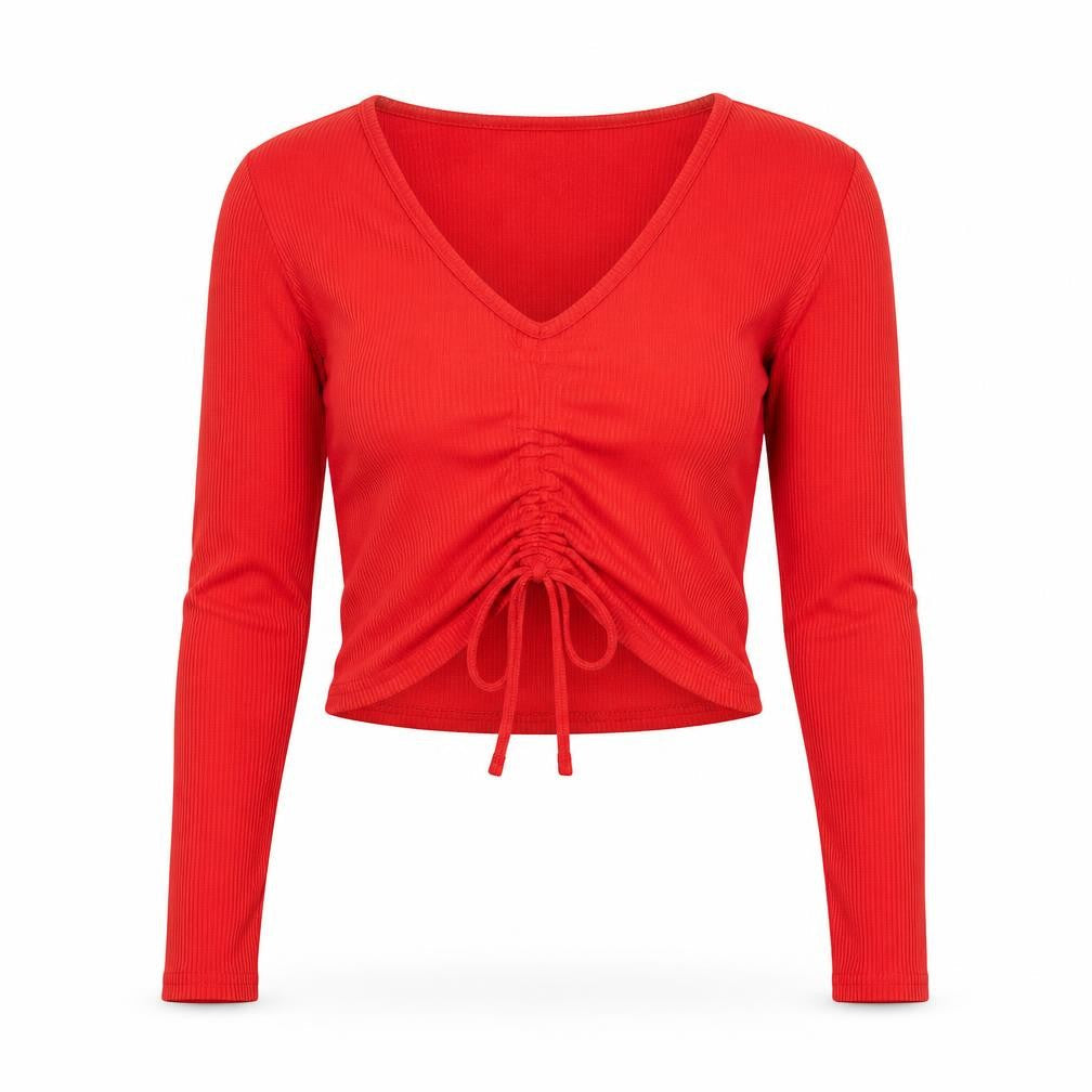 Urban Outfitters Women's Red Cropped V-Neck Long Sleeve Top M