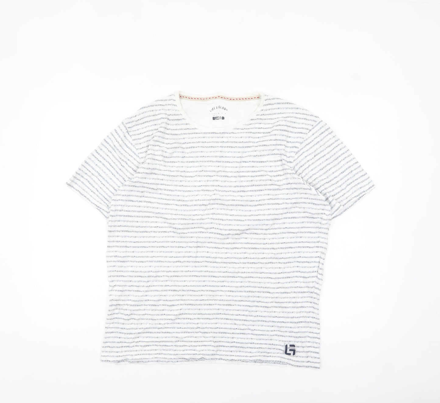 Life & Glory Men's White Striped Cotton Crew Neck T-Shirt - Size L
