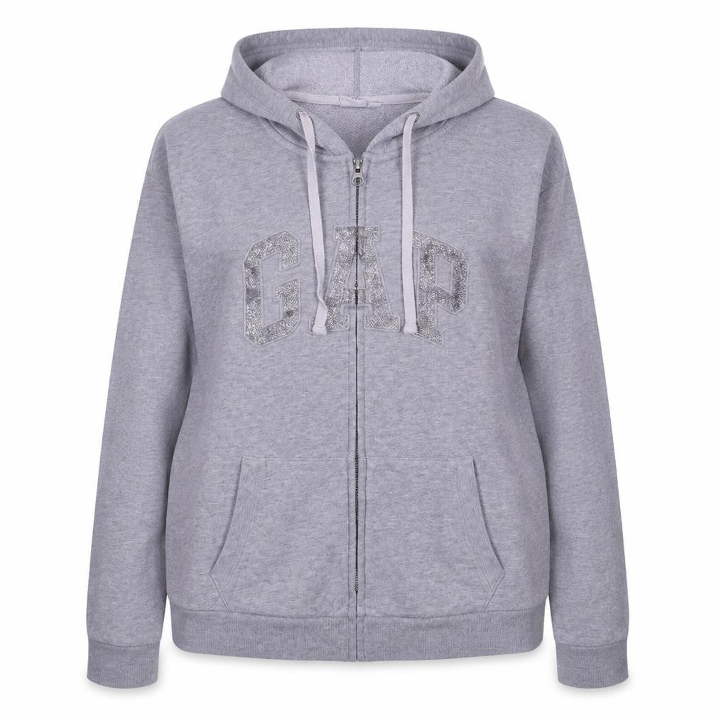 Gap Women Grey Full Zip Hoodie XL Glitter Logo Casual Sweatshirt