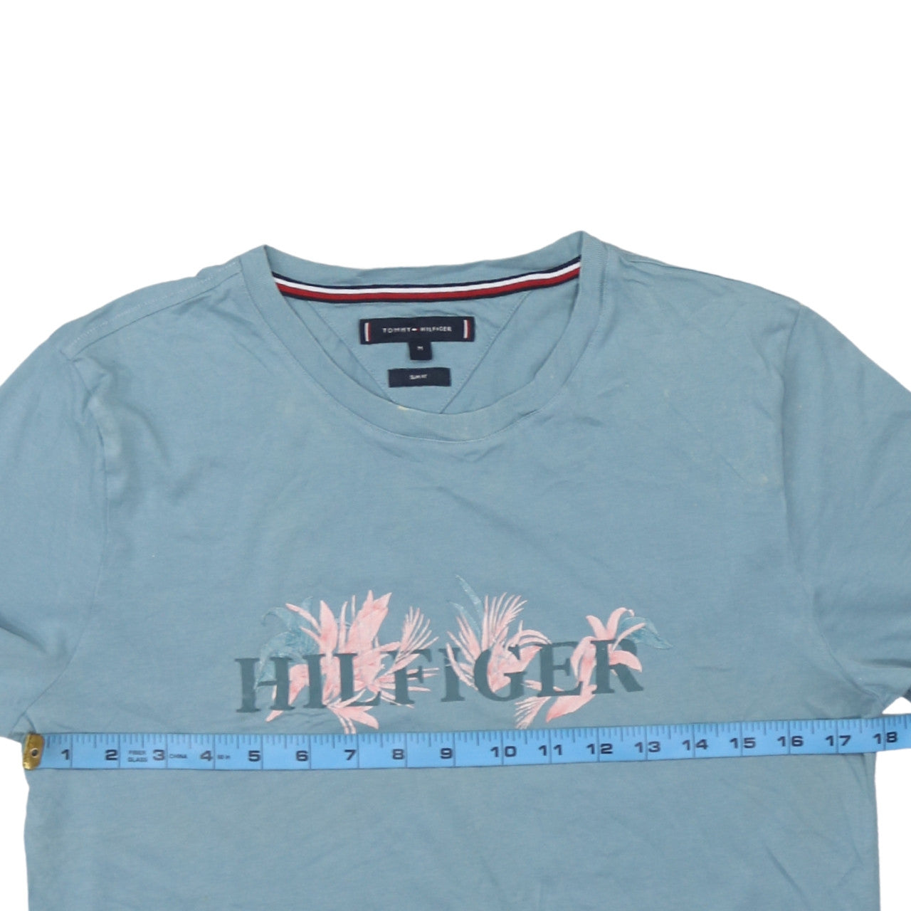 Tommy Hilfiger Men’s Blue Floral Logo Slim Fit Cotton T-Shirt Size M