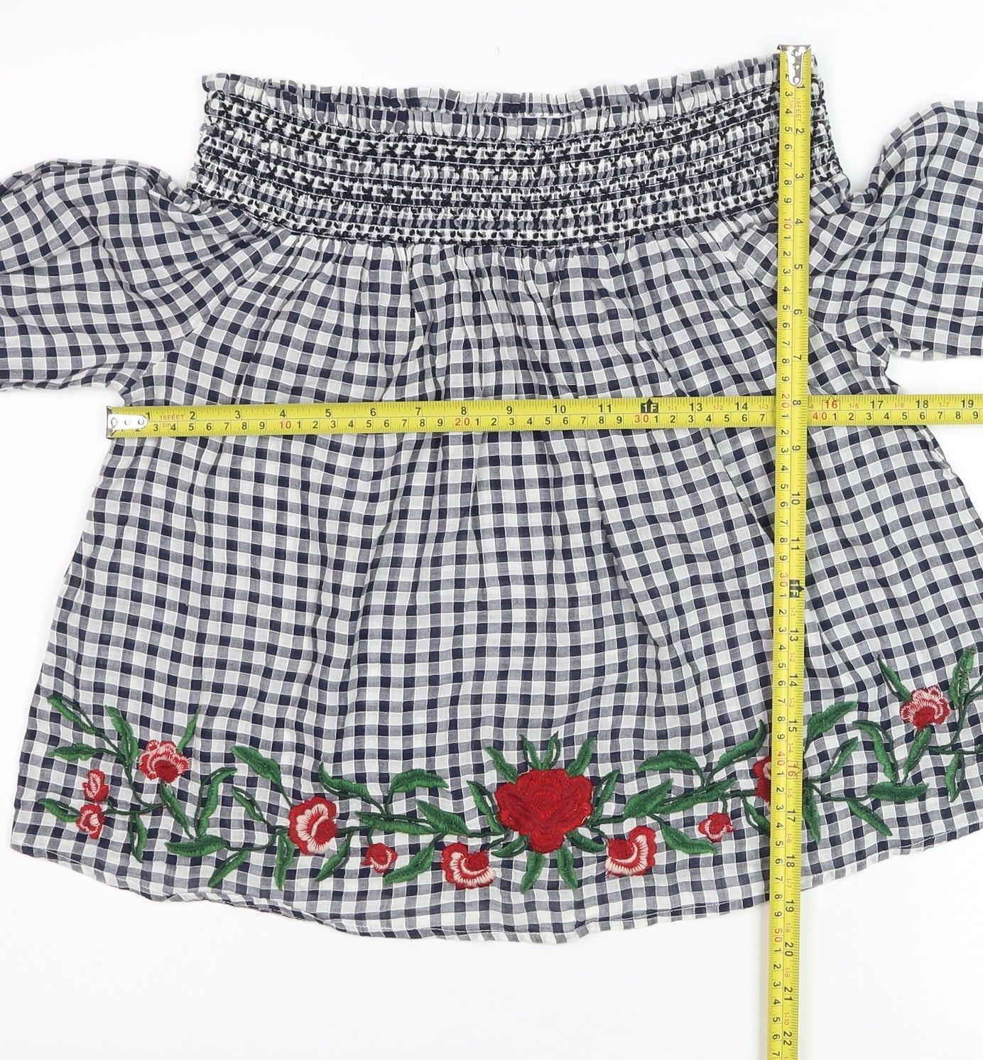 New Look Women Blue Check Embroidered Off Shoulder Cropped Blouse Size 8