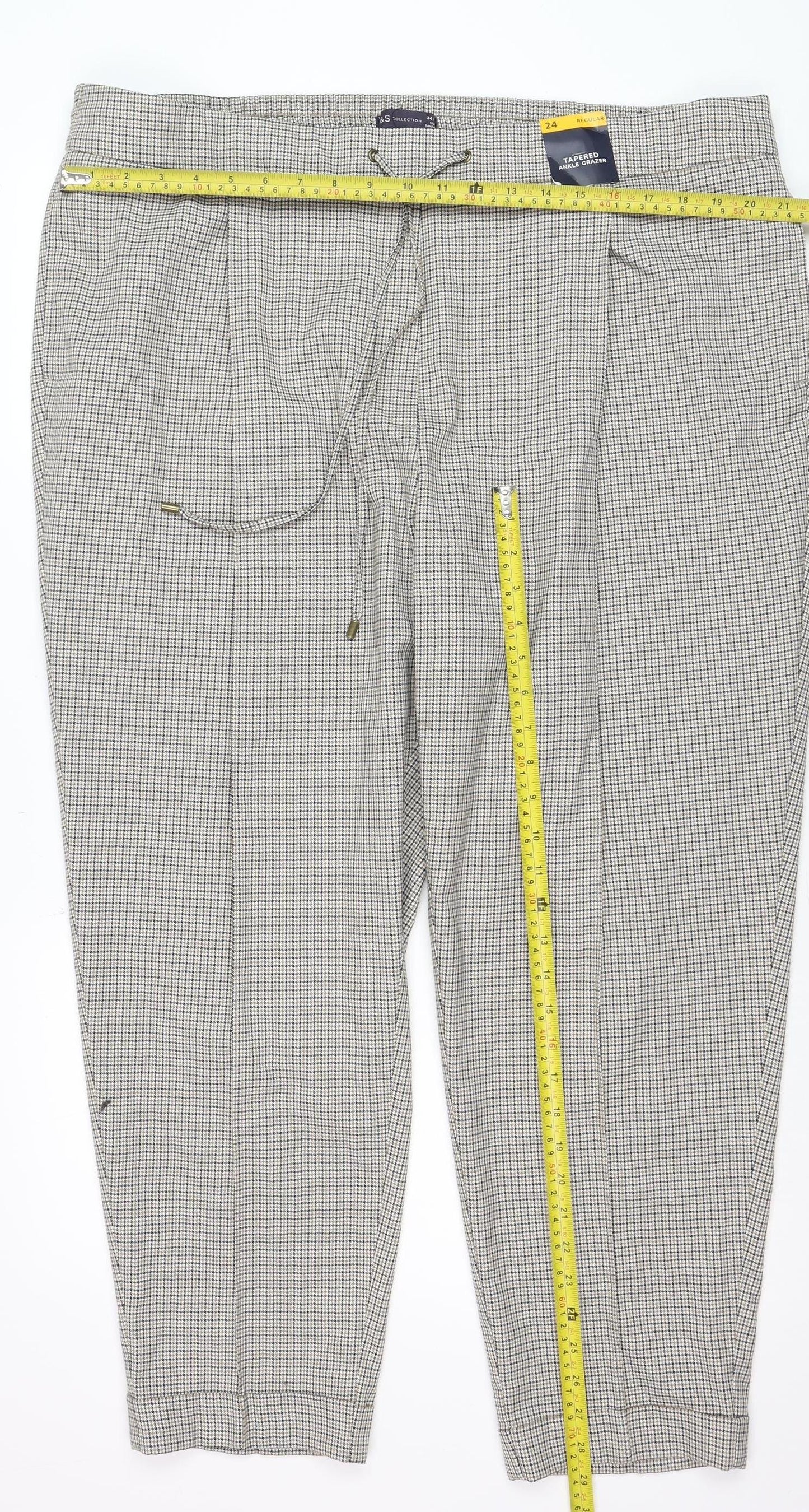 Marks and Spencer Womens Beige Check Tapered Trousers Size 24