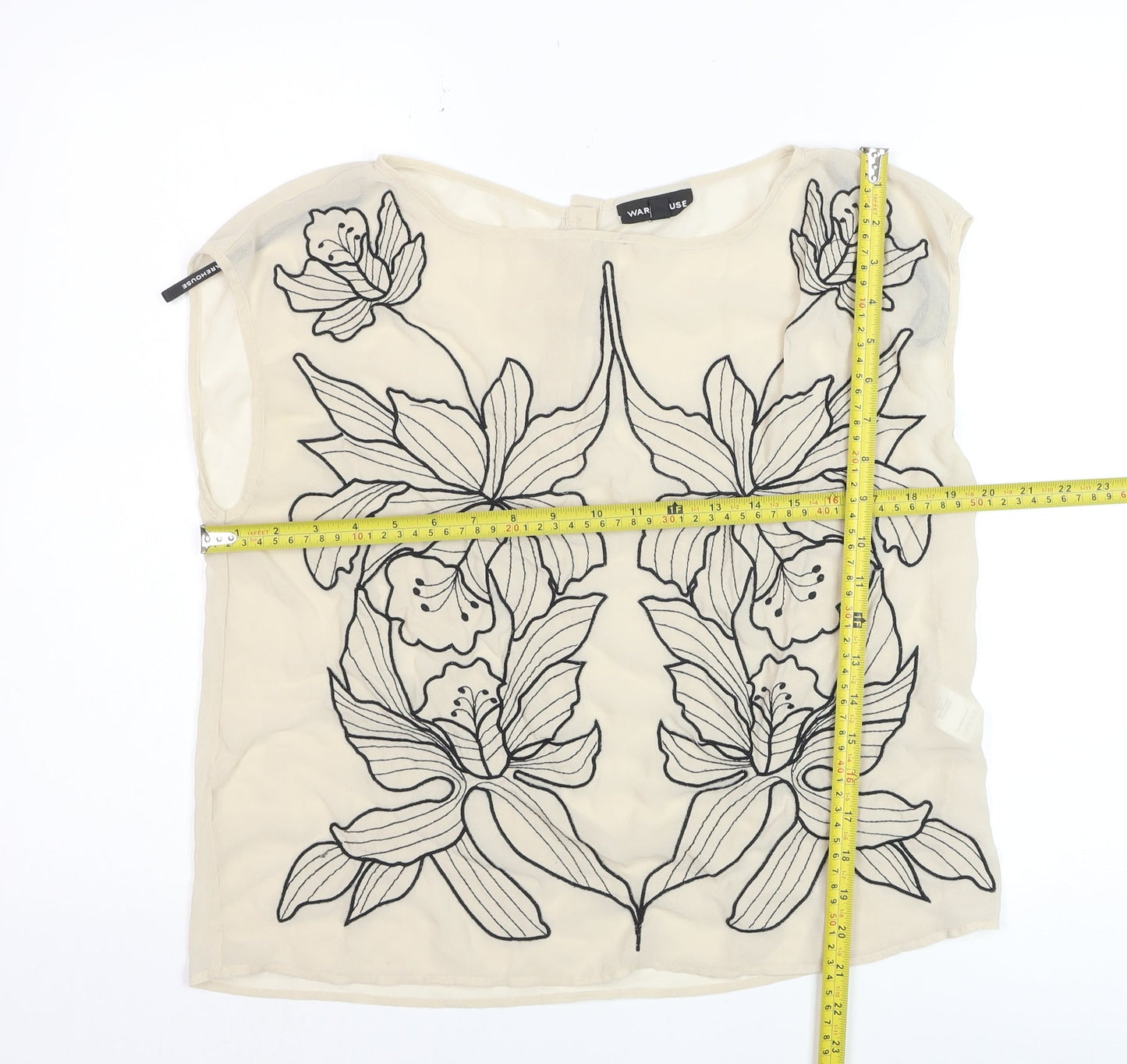 Warehouse Women’s Beige Embroidered Chiffon Sleeveless Blouse UK 14