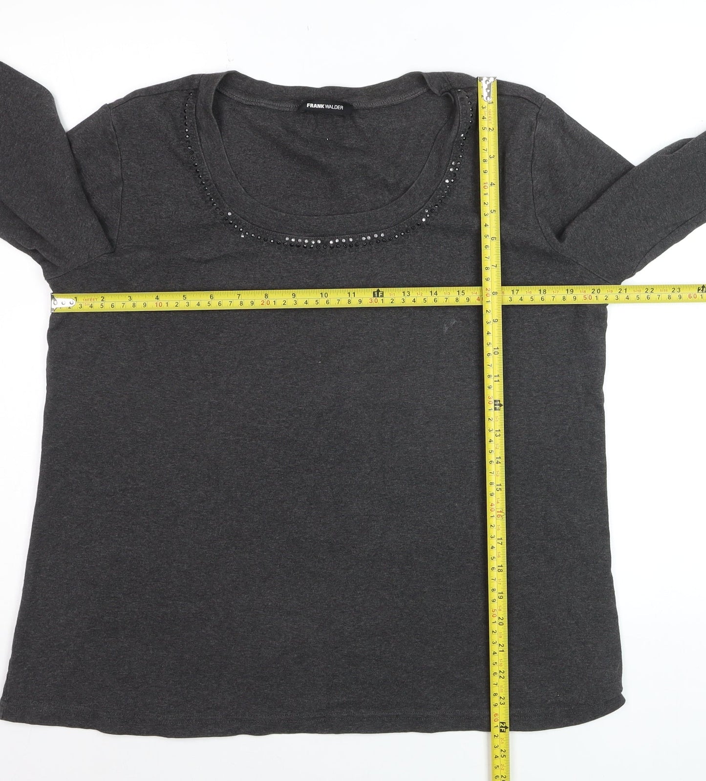 Frank Walder Women's Grey Beaded Long Sleeve Cotton Top Size 20