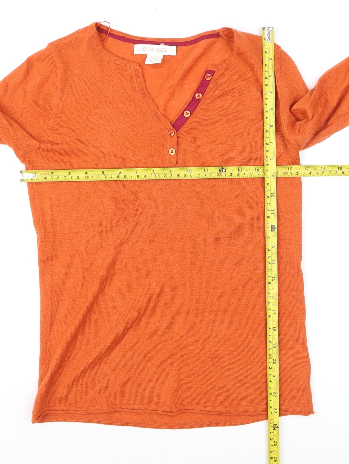 Ellen Tracy Women’s Orange Merino Wool Blend Henley Jumper Size S