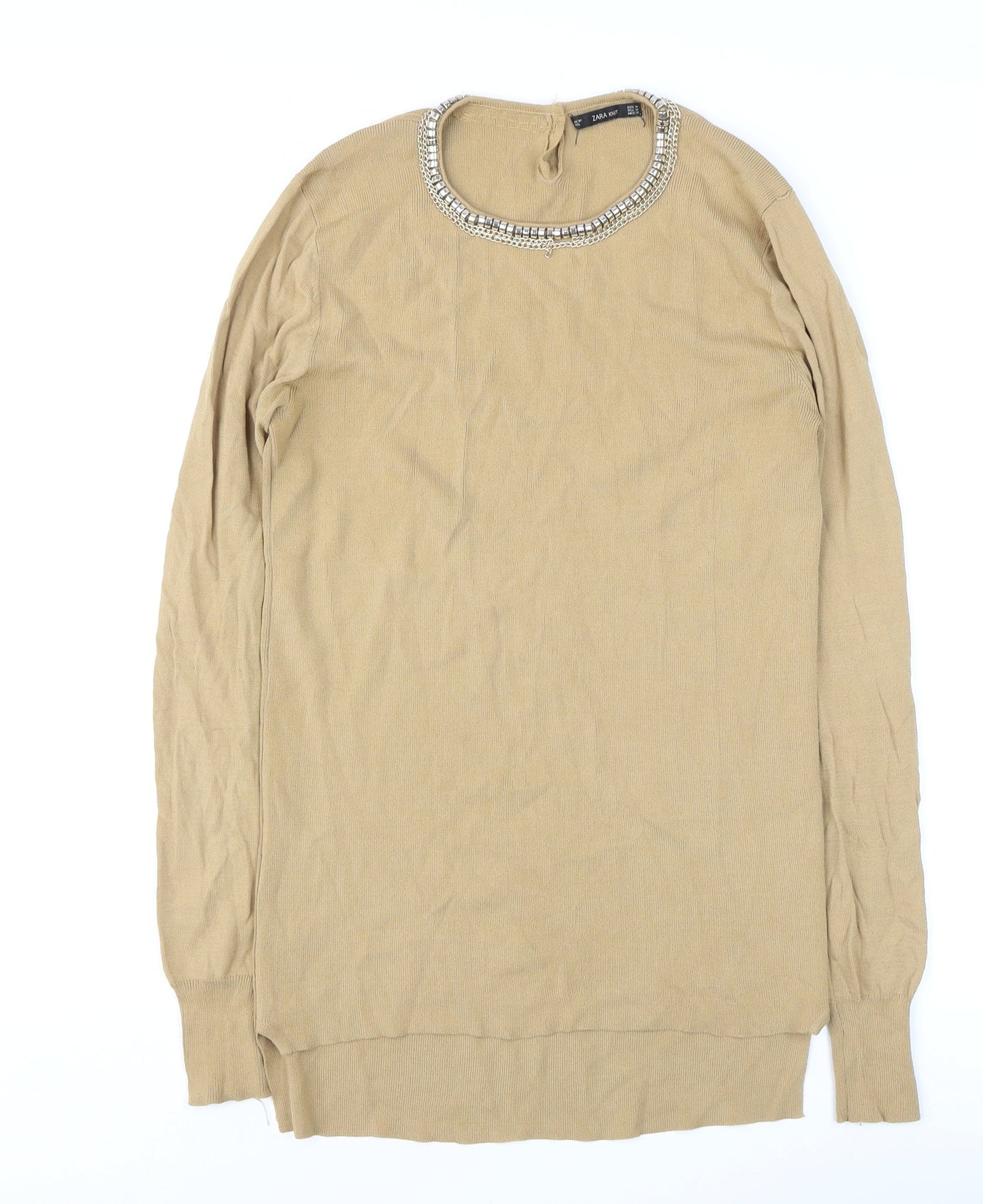 Zara Women Beige Beaded Crew Neck Knit Jumper Size 12