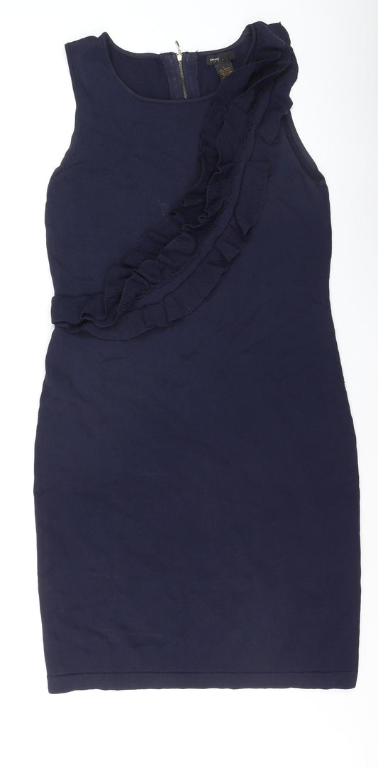 Grace Women’s Blue Sleeveless Ruffle Bodycon Knee Length Dress L