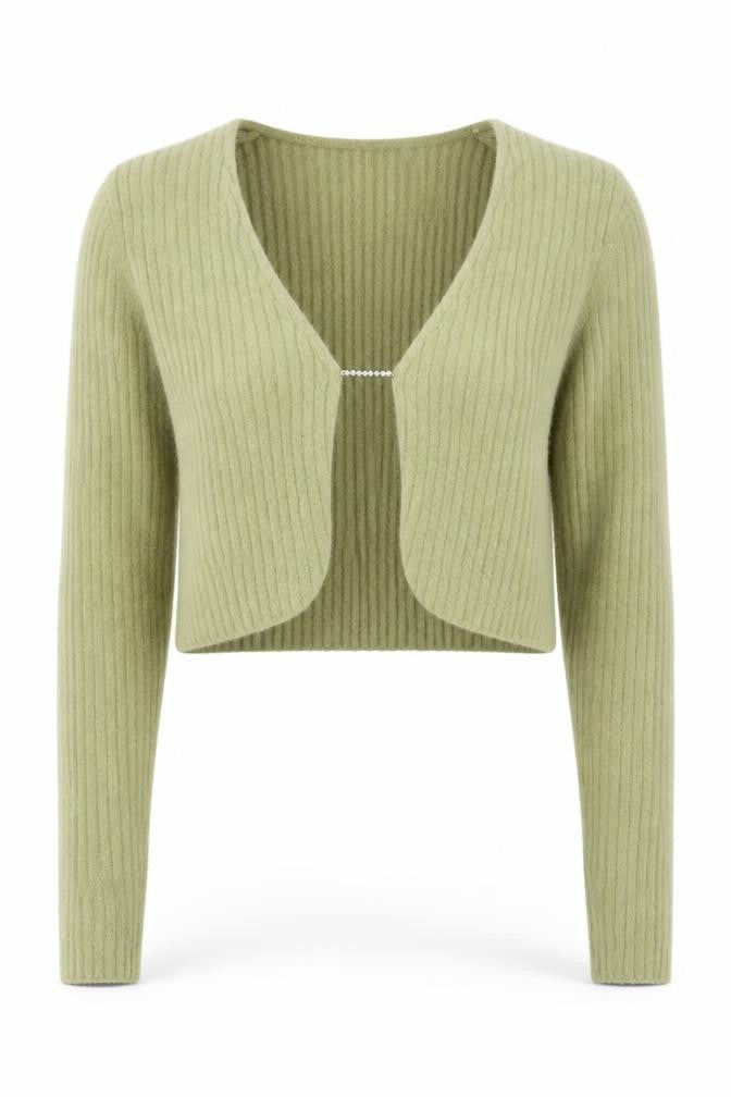 Bershka Women’s Green V-Neck Ribbed Cardigan Size 12