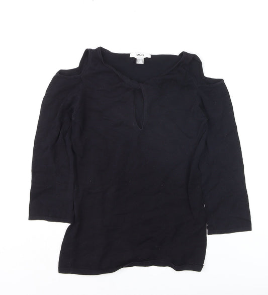 MNG Women's Black Cold Shoulder Blouse Size S Jersey V-Neck