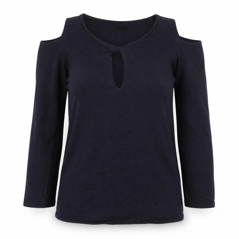 Mango Women's Black Cold Shoulder Blouse Size S Jersey V-Neck