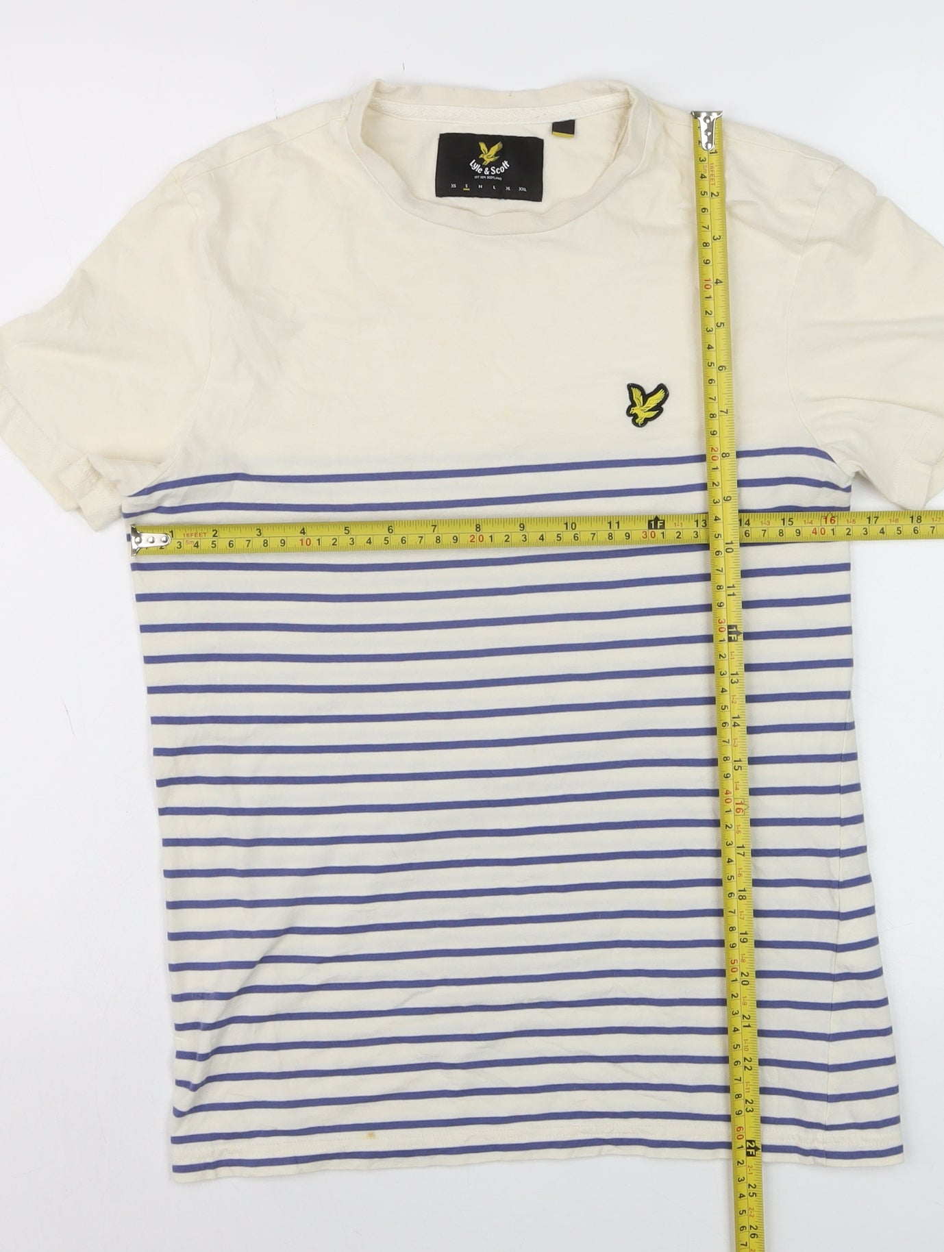 Lyle & Scott Men's Beige Blue Striped Cotton Crew Neck T-Shirt Size M