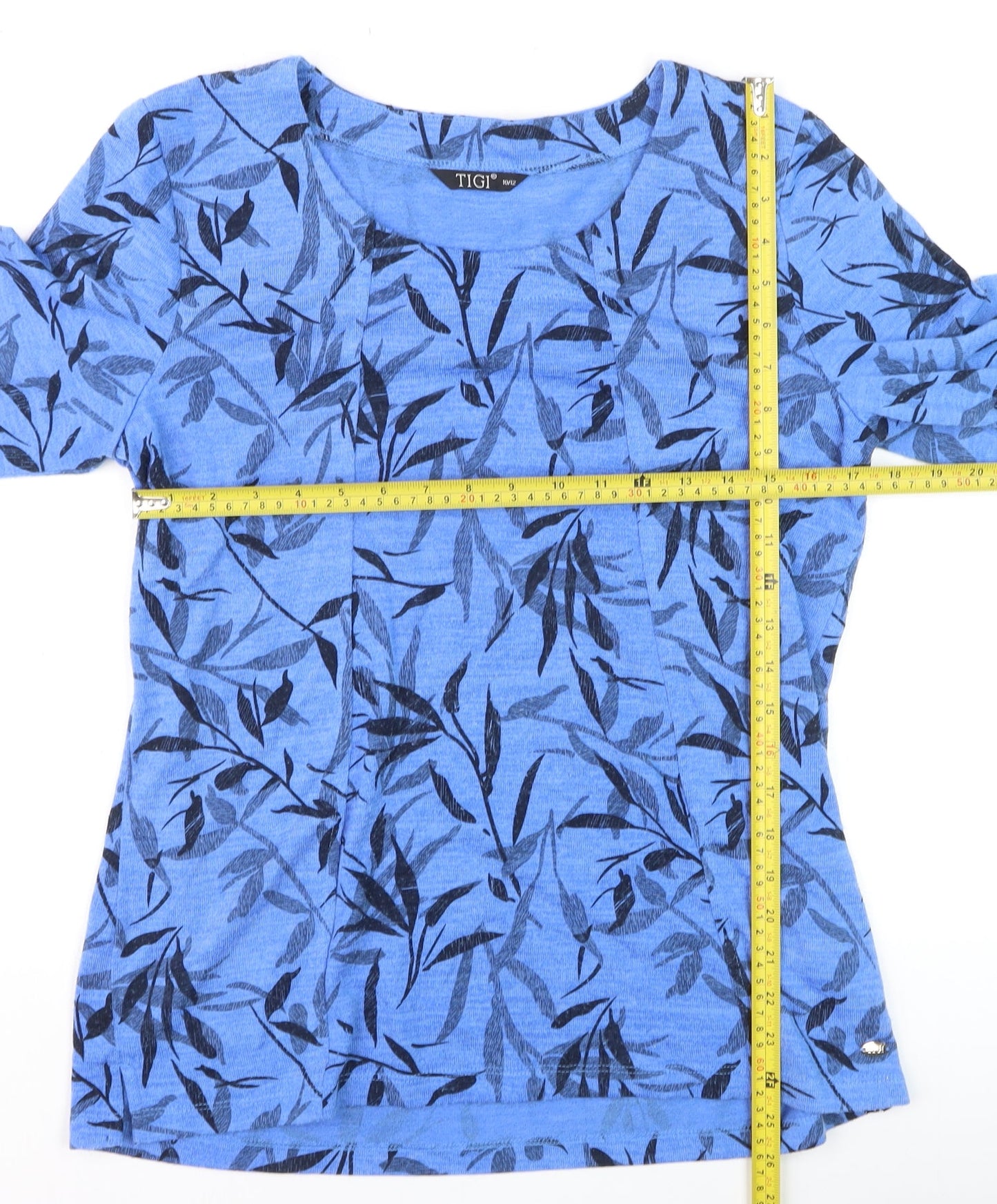 TIGI Women Blue Leaf Print 3/4 Sleeve Pullover Jumper Size 10/12