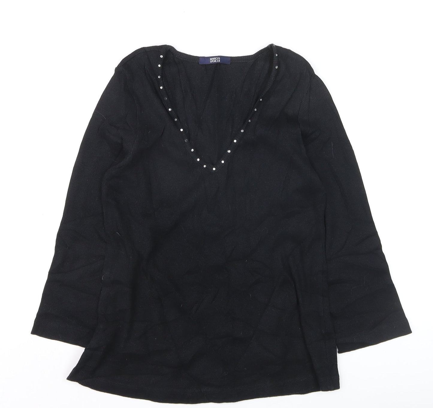 Marks and Spencer Women’s Black V-Neck Beaded Long Sleeve Cotton Blouse Size 14