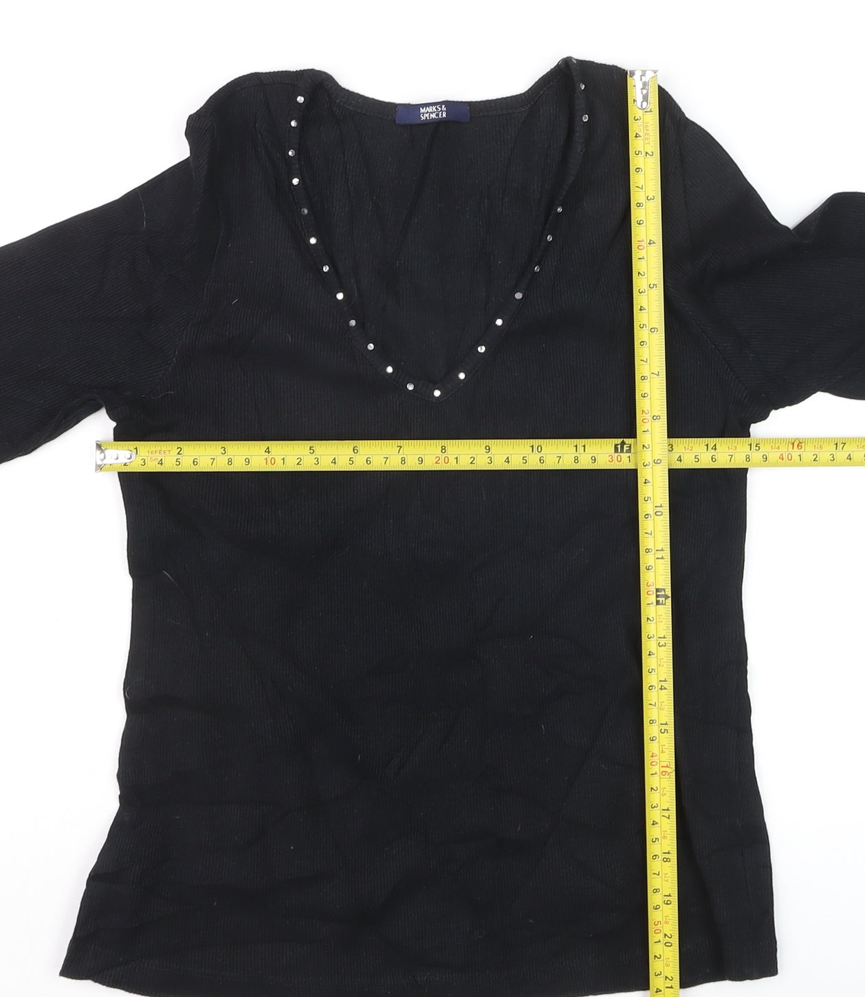 Marks and Spencer Women’s Black V-Neck Beaded Long Sleeve Cotton Blouse Size 14
