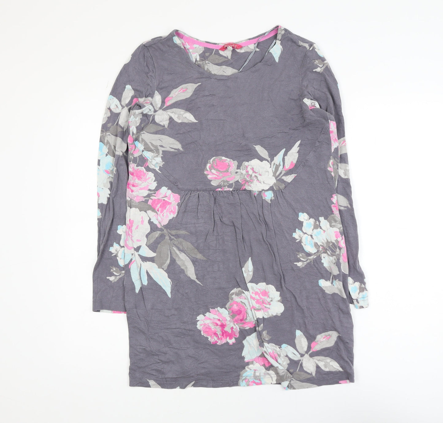 Joules Women's Grey Floral Tunic Top Size 12 Long Sleeve Viscose Blend