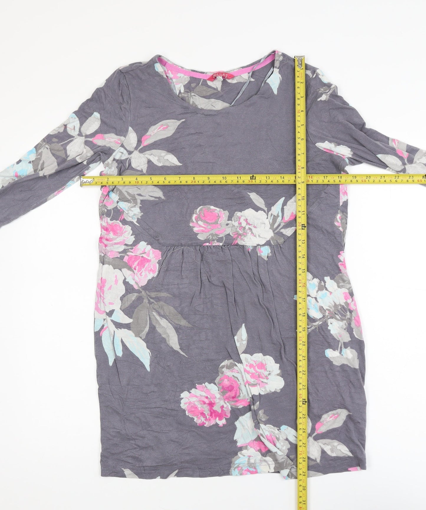 Joules Women's Grey Floral Tunic Top Size 12 Long Sleeve Viscose Blend