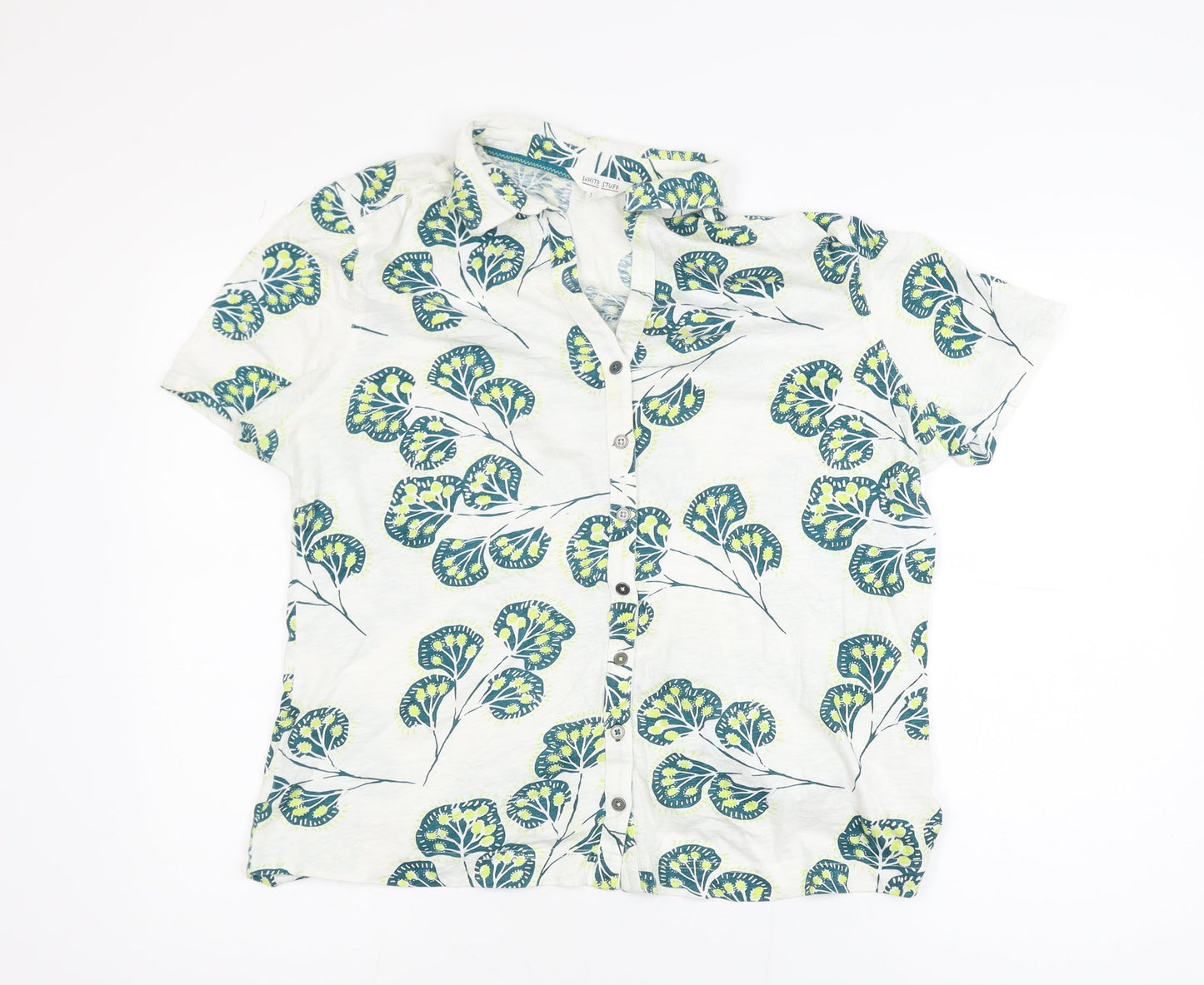 White Stuff Women White Floral Cotton Short Sleeve Button-Up Shirt Size 18