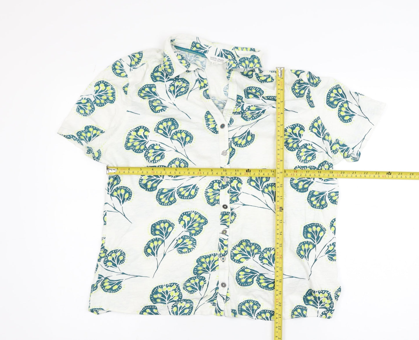 White Stuff Women White Floral Cotton Short Sleeve Button-Up Shirt Size 18