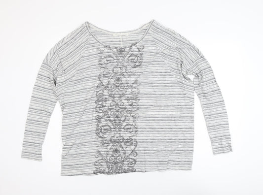Peruvian Connection Women’s Grey Striped Embroidered Cotton Long Sleeve Top M
